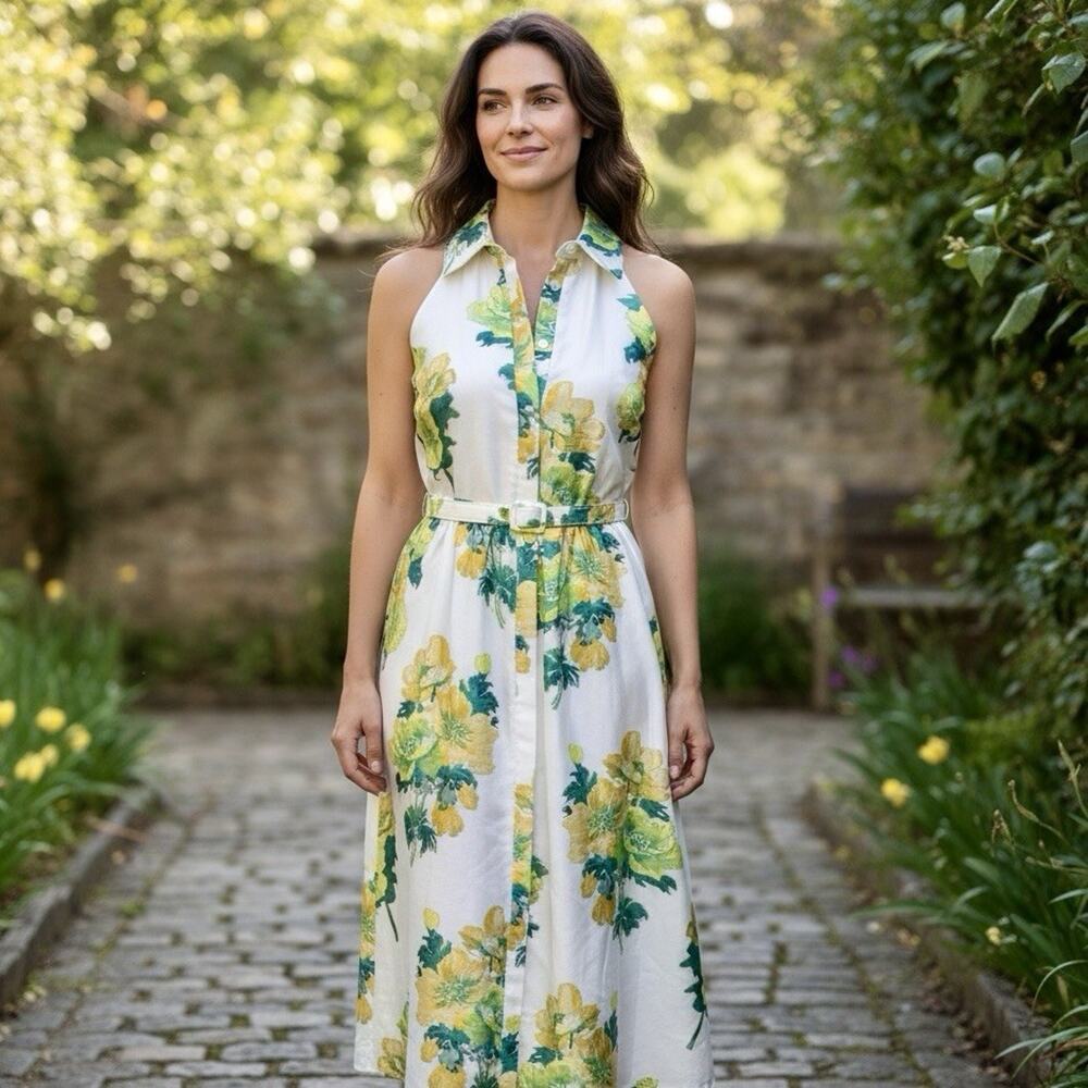 Belle Badgley Mischka Greta Backless Midi Dress Size 6 Green Cream Floral Print - Picture 2 of 13